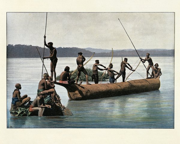 Andamanese tribes fishing with bows, Andaman Islands. Antique colourised photograph